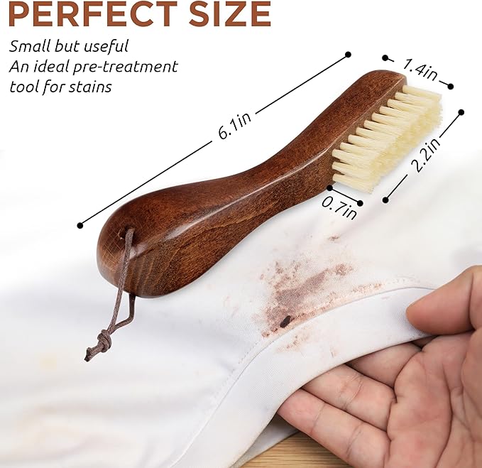 TAKAVU Laundry Stain Brush Set of 2 – Clothes Cleaning Brushes with Natural Boar Bristles & Wooden Handle – Fabric Care Scrubbing Brush for Stain Removal, Shoes, Upholstery & Garment Care