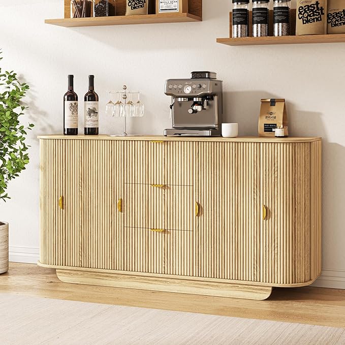 63" Tambour Dresser for Bedroom with 3 Drawers, Modern Chest of Drawers with Sliding Doors & 8 Shelves, Fluted Dresser Storage Organizer for Bedroom, Closet, Living Room(Natural)