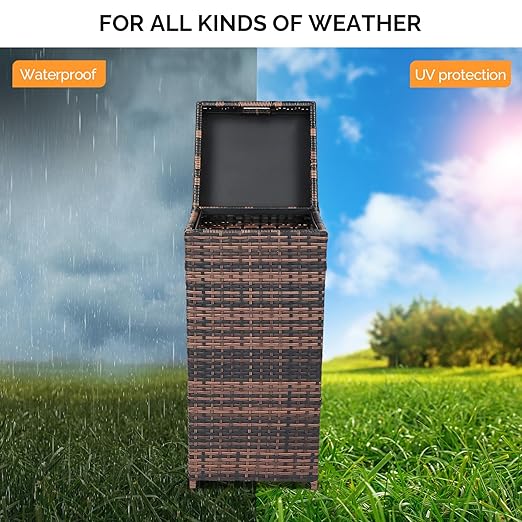 VINGLI Wicker Patio Trash Can, 27 Gallon Rattan Trash Can with Removable Lid, Outdoor Wicker Waste Basket, Wast Container (Brown)