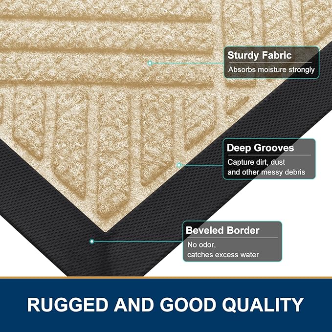 Smiry Front Door Mat Outside Entrance, Heavy Duty Outdoor Indoor Natural Rubber Doormat, Non Slip, Trap Dirt and Moisture, Easy Clean, Low Profile Patio Porch Entryway Mat, 47x23, Beige