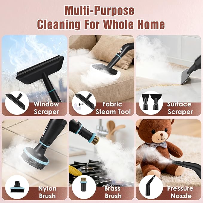Steam Cleaner, 4 Bar High Pressure Steamer with 6-Level Adjustable, 15s Heat-Up, 42.7oz Large Tank, 7ft Extended Hose, 18 pcs Accessories, Portable Steam Cleaner for Home, Car, Tile, Grout, Grease