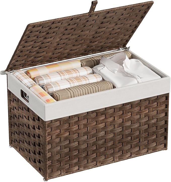 HOOBRO Storage Basket with Lid, 17.2 Gallon (65L) Wicker Basket, Handwoven Blanket Storage Basket with Handles, Metal Frame and Soft Lining, Foldable for Bedroom, Laundry Room, Brown BR265CW01