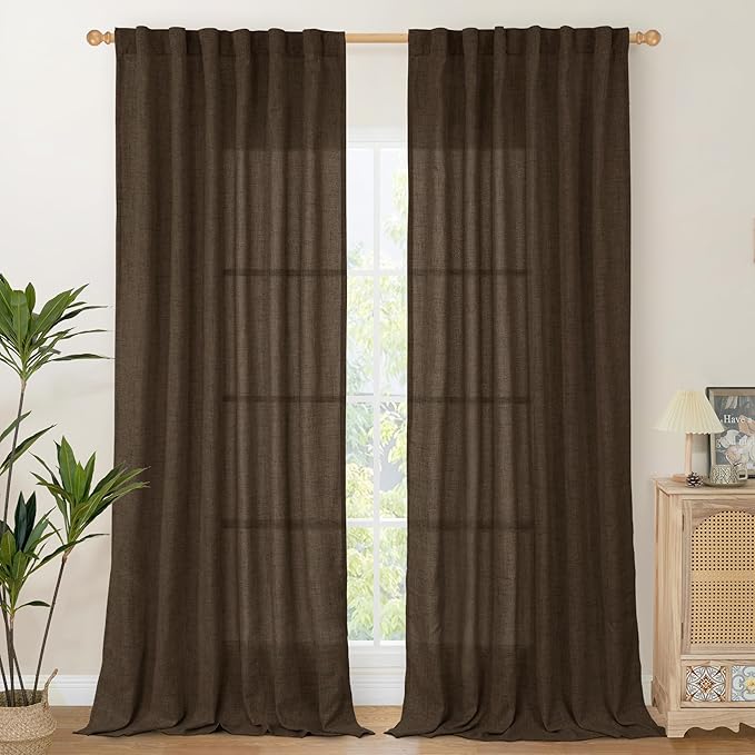 YoungsTex Linen Curtains 90 Inch Length for Living Room, Semi Sheer Window Drapes Rod Pocket Back Tab Light Filtering Privacy for Dining Room Office Bedroom, Brown, 2 Panels, 52 X 90 Inch