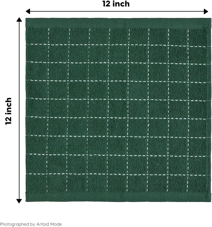 Artoid Mode Checkered Designed Cotton Green Terry Kitchen Dish Cloths, 12x12 Inch Soft Absorbent Quick Drying Cleaning Kitchen Rags Set of 6