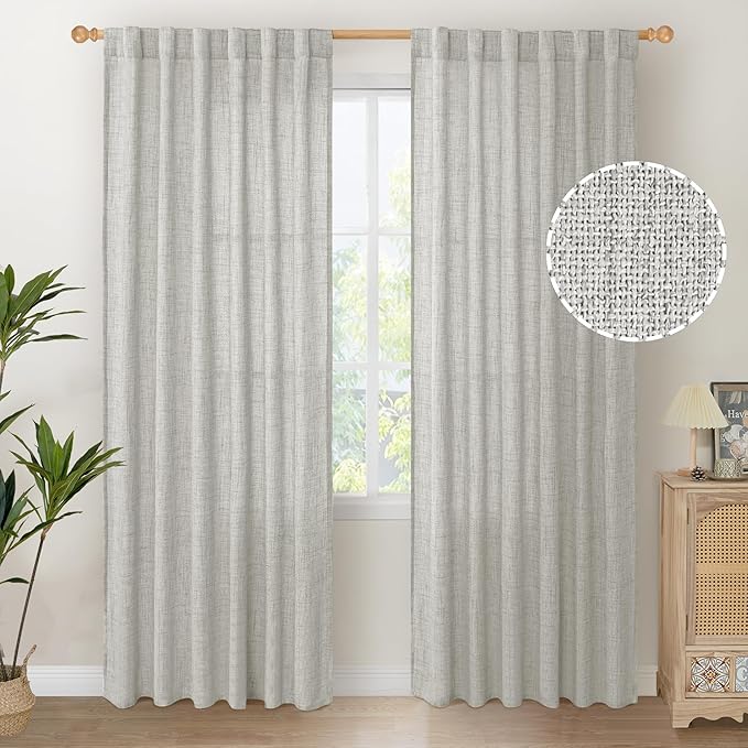 YoungsTex Light Grey Linen Curtains 80 Inch Length for Living Room, Light Filtering Semi Sheer Window Drapes Rod Pocket Back Tab Curtain for Bedroom Dining Office Farmhouse, 2 Panels, 52 X 80 Inch