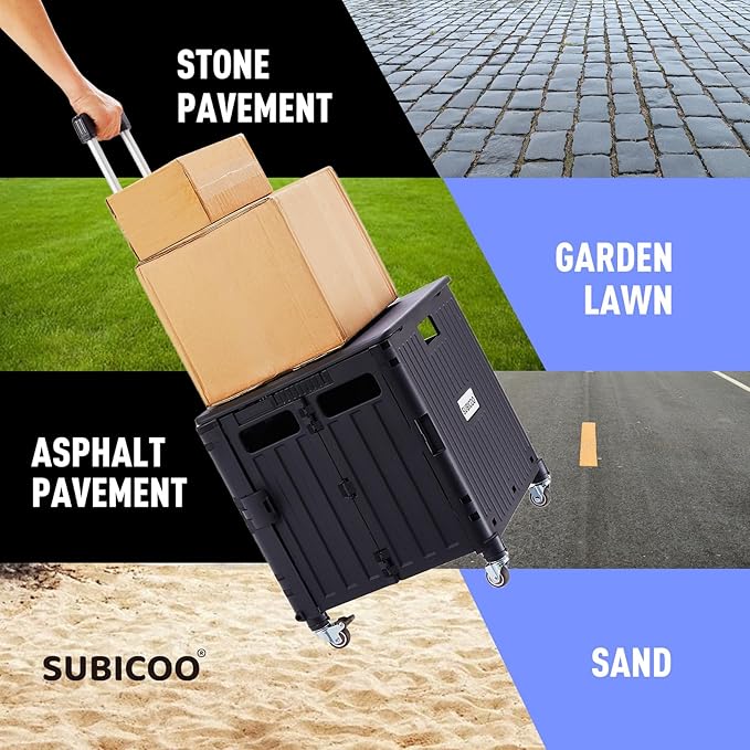Folding Utility Cart Portable Rolling Crate Handcart Shopping Trolley Collapsible Tool Box, with Lid, on 4 Rotate Wheels, for Grocery, Shopping, Office, Teacher, Camp(Black)