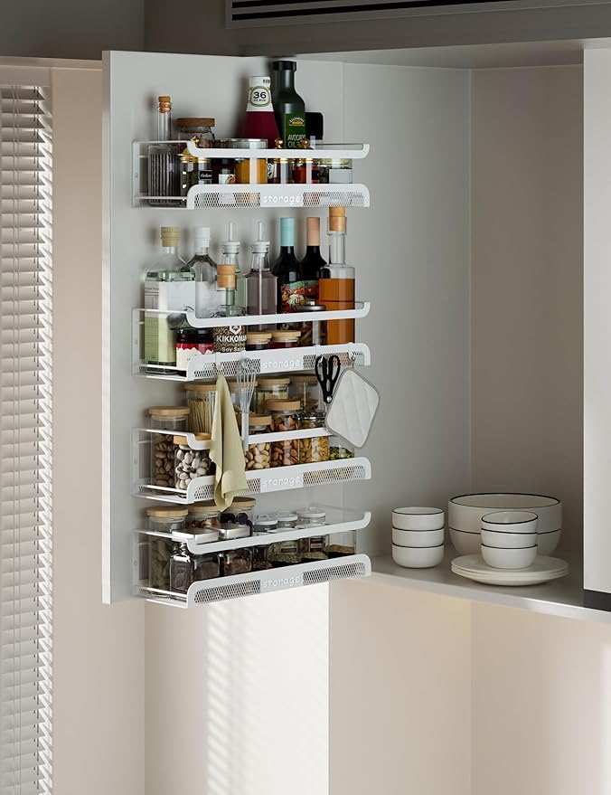 Spice Rack Wall Mount with Hooks - Spice Racks Organizer for Cabinet Storage, Wall Mounted Hanging Shelf Seasoning Organizer, for Kitchen, Pantry Door, Bathroom (White, 2 Pack)