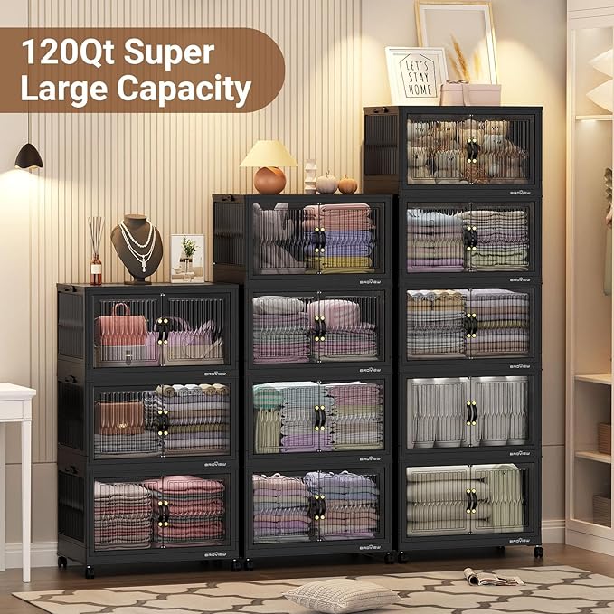 BROVIEW 360Qt Stackable Storage Bins with 3 Lids, Extra Large Closet Organizer Collapsible Drawer Boxes with Wheels, Folding Plastic Cabinet Containers for Home Kitchen Room Organization, 3Pack Black