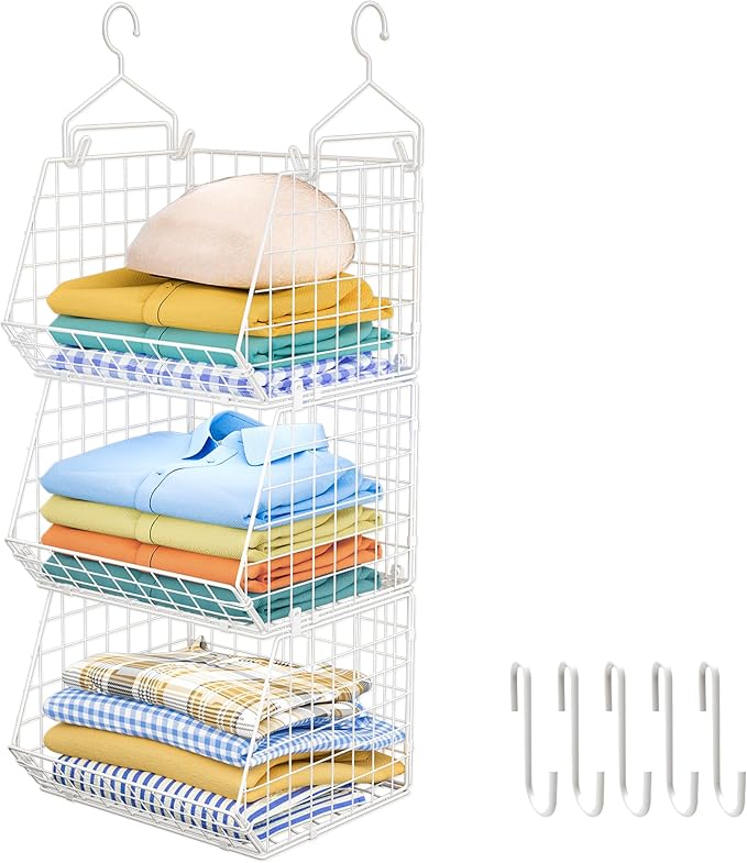 X-cosrack 3 Tier Foldable Closet Organizer, Clothes Shelves with 5 S Hooks, Wall Mount&Cabinet Wire Storage Basket Bins, for Clothing Sweaters Shoes Handbags Clutches Accessories-White Patent Design