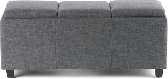 SIMPLIHOME Avalon 42 Inch Wide Contemporary Rectangle Storage Ottoman in Slate Grey Linen Look Fabric, Assembled, For the Living Room, Entryway and Family Room