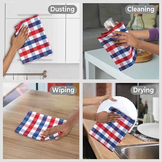 July 4th KitchenTowels Patriotic DishTowels 100% Cotton (Set of 6) 18X28 Inches Highly Absorbent Soft Durable Reusable & Washable Kitchen Towels (Red/Blue/White Buffalo Checks)