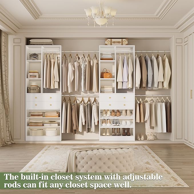 Closet System, Up to 134"/11.2 FT Closet Organizer with 4 Wooden Drawers and Shelves, Walk-in Closet System with 6 Hanging Rods, Built-in Closet Can Fit 96"/8FT, 120"/10FT, White