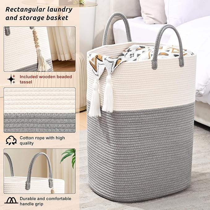 Woven Laundry Basket for Clothes, 100L Large Rectangle Laundry Hampers with Beads Tassel, Nursery Storage Basket for Toys, Tall Dirty Clothes Hamper for Bedroom Aesthetic, Laundry Room Organization