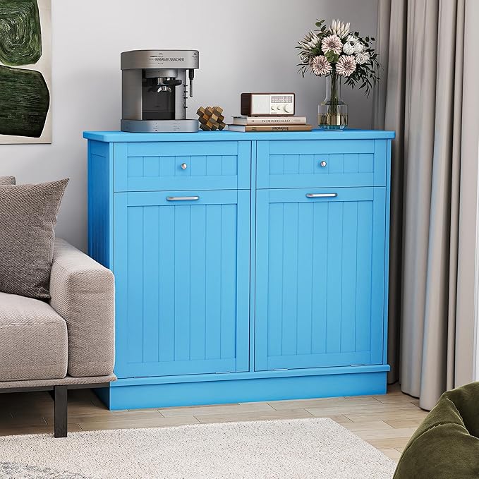 Betterhood Tilt Out Trash Cabinet 10 Gallon Wooden Free Standing Laundry Sorter Cabinet,Recycling Cabinet with Hideaway Drawer,Tilt Out Trash Cabinet Can Bin Kitchen (Double Light Blue, Double Door)