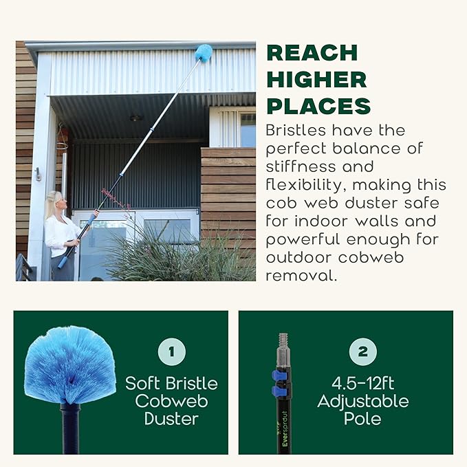 EVERSPROUT 5-to-12ft Telescoping Durable Duster with Extension Pole – Lightweight 3 Stage Cobweb Duster – Extendable to 20ft Reach for Cleaning High Ceilings and Spider Webs