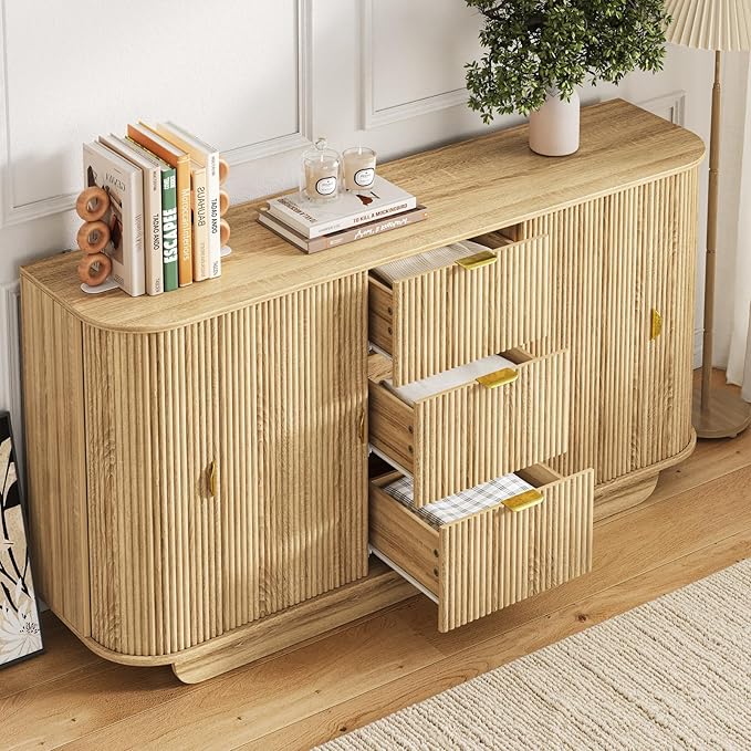 63" Tambour Dresser for Bedroom with 3 Drawers, Modern Chest of Drawers with Sliding Doors & 8 Shelves, Fluted Dresser Storage Organizer for Bedroom, Closet, Living Room(Natural)