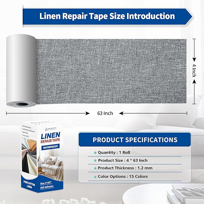 KING MOUNTAIN Linen Repair Patches, Self-Adhesive Fabric Patches, 4 X 63 inch Extra Size, Multi Color, Can be Used for Sofa Repair and Linen Clothes Repair (Charcoal Grey1.0)
