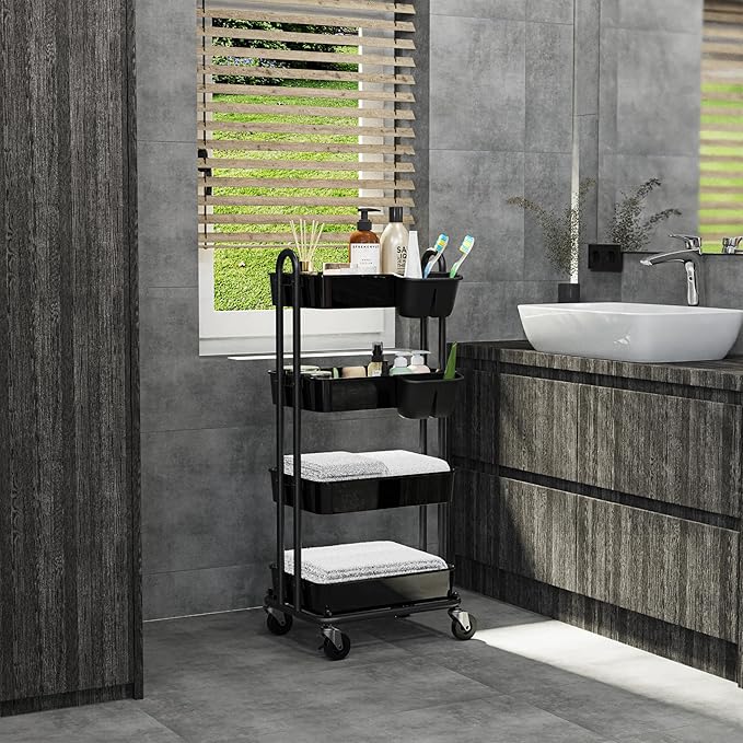 Simple Houseware 4-Tier Multifunctional Rolling Utility Cart with Hanging Buckets, Black