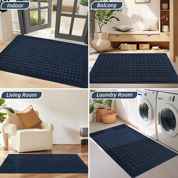 BEQHAUSE Waffle Door Mats Indoor 20"x32", Dog Mat for Muddy Paws Absorbent and Dirt Resist Floor Mats Non-Slip Washable Rugs for Entryway, Welcome Mat for Front Back Door, Muddy Wet Shoes, Navy Blue