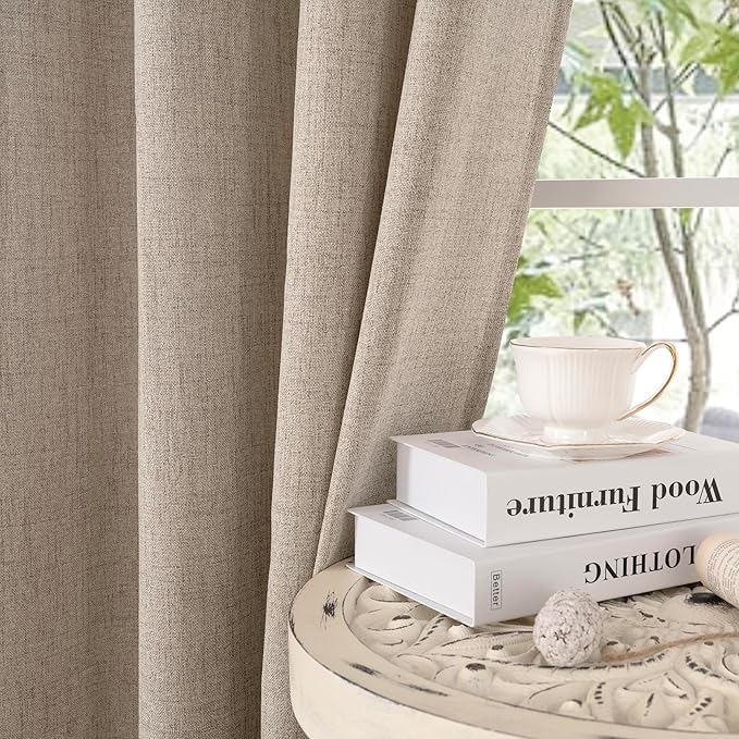 YoungsTex Dark Oatmeal Linen Curtains 48 Inch Length for Short Kitchen Window, Textured Semi Sheer Drapes Light Filtering with Rod Pocket Back Tab for Bathroom Living Room, 2 Panels, 42 X 48 Inch