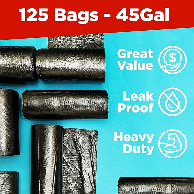 ToughBag 40-45 Gallon Trash Bags Heavy Duty (125 Count) | Black Garbage Bags | Made In USA