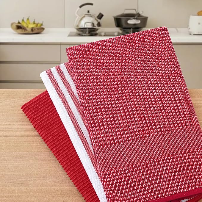 Homaxy Premium Kitchen Towels(18”x 28”, 12 Pack), Large Cotton 380 GSM Kitchen Hand Towels, Soft and Absorbent Terry Dish Towels, Multipurpose Tea Towel Set with Hanging Loop, Red