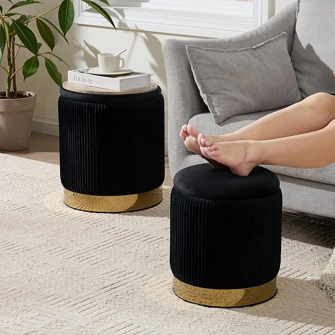 Royal Windsor Round Ottoman with Storage Set of 2, Vanity Stool with Storage for Bedroom, Ottoman Coffee Table Gold-Tone Ring Around The Base, Small Velvet Foot Stool for Living Room, Black