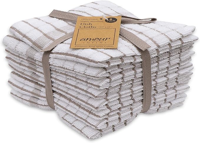 AMOUR INFINI Kitchen Dish Cloths Set of 8 - Ultra Soft, Highly Absorbent, Quick-Drying Terry Cotton Dishcloths 12"x12" Inch Wash & Cleaning Cloths for Kitchen & Dishwashing (Beige)