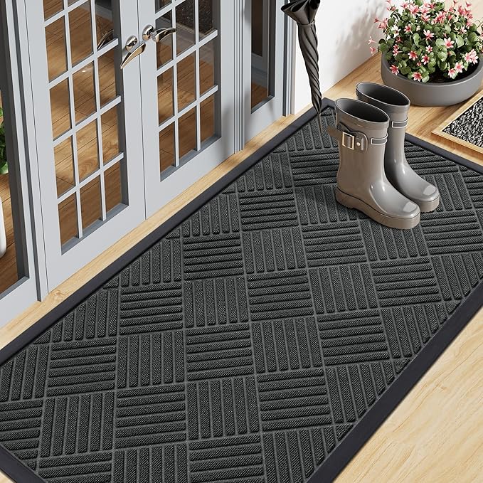 Smiry Front Door Mat Outside Entrance, Heavy Duty Outdoor Indoor Natural Rubber Doormat, Non Slip, Trap Dirt and Moisture, Easy Clean, Low Profile Patio Porch Entryway Mat, 47x23, Black