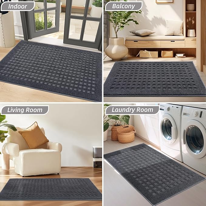 BEQHAUSE Waffle Door Mats Indoor 20"x32", Dog Mat for Muddy Paws Absorbent and Dirt Resist Floor Mats Non-Slip Washable Rugs for Entryway, Welcome Mat for Front Back Door, Muddy Wet Shoes, Dark Grey