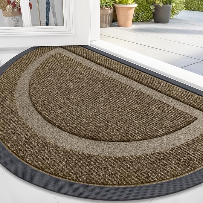 OLANLY Half Circle Door Mat Indoor Outdoor Entrance Welcome, Waterproof All-Season, All-Weather Doormat, Sturdy Natural Rubber, Low Profile, Easy Clean Patio Porch Entryway Mat, 47x23, Brown