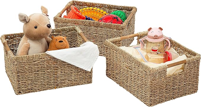 Large Wicker Basket Rectangular with Wooden Handles for Shelves, Seagrass Basket Storage, Natural Baskets for Organizing, Wicker Baskets for Storage - 3 Pack Large
