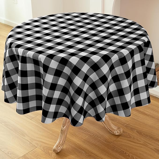 Waterproof Plaid Tablecloth Fabric - Round 70 Inch Classic Gingham Checker Table Cloth for Indoor/Outdoor Use - Buffalo Table Cover for Picnics, BBQs, and Parties
