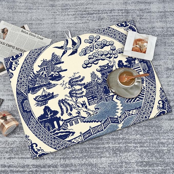 Dish Drying Mat For Kitchen Counter Absorbent Dish Mat Reversible Drainer Drying Kitchen Mat (Oriental Style Chinese Blue Willow, 24X18)