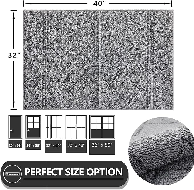 REFETONE Indoor Doormat, Front Back Door Mat 32"x40" Absorbent Rubber Backing Non Slip Door Mats, Low-Profile Resist Dirt Entrance Rugs, Machine Washable Door Rug Inside Floor Mat for Entryway, Grey