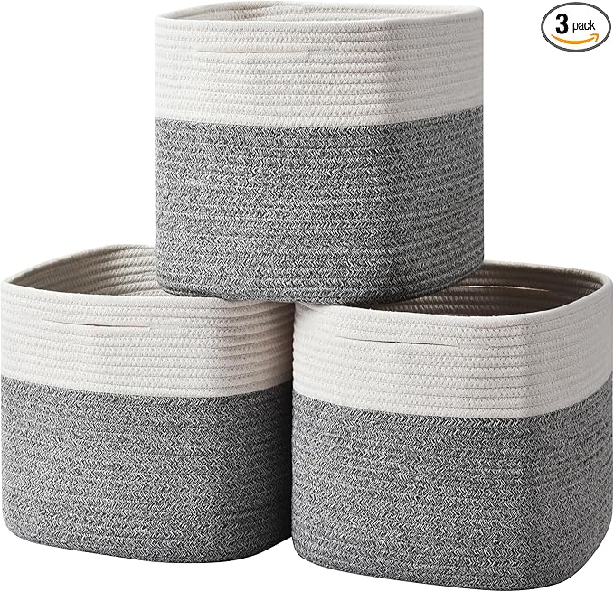 3 Pack Storage Cubes 11 Inch Cotton Rope Woven Baskets for Organizing Cube Bin Square Shelves Organizer,Classroom,Kids Toy Bins,Closet,Baby Nursery(Grey)