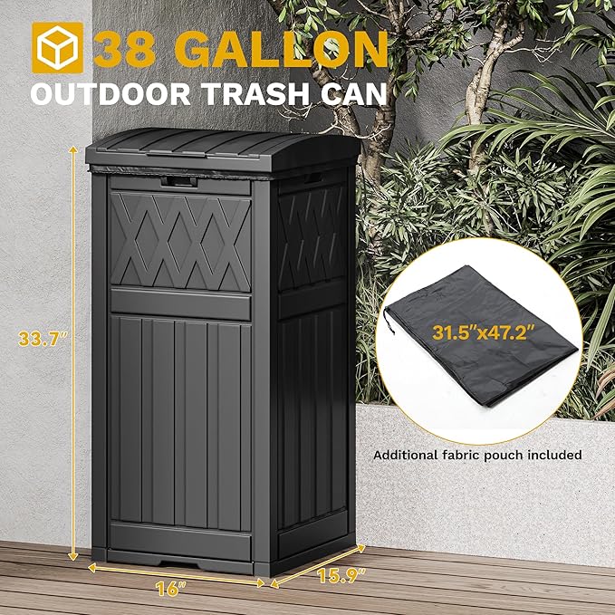 DWVO 36-Gallon Outdoor Trash Can with Fabric Bag, Tiered Lid & Drip Tray, Waterproof Resin Garbage Bin for Patio, Deck, and Backyard, Black