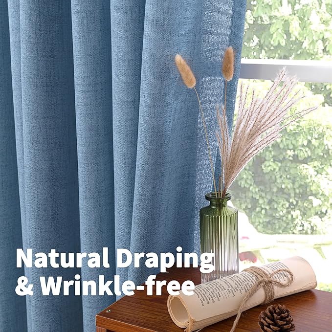 YoungsTex Denim Blue Linen Curtains 90 Inch Length for Living Room, Light Filtering Semi Sheer Window Drapes Rod Pocket Back Tab Curtain Extra Long for Bedroom Office Privacy, 2 Panels, 52 X 90 Inch