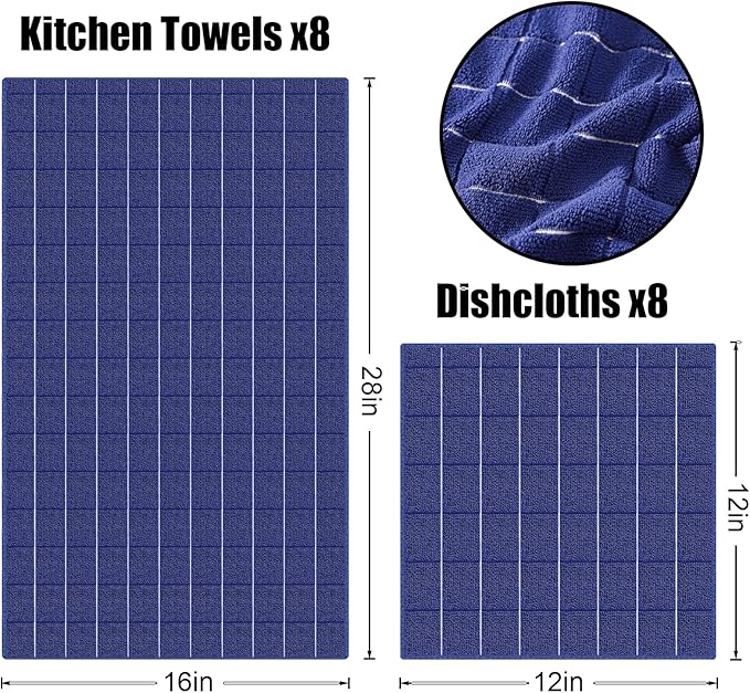 Homaxy Microfiber Kitchen Towels and Dishcloths Set, 12 Pack Soft and Absorbent Dish Hand Towels Bulk, 28 x 16 Inch & 12 x 12 Inch Quick Drying Rags for Washing Dishes, Navy Blue