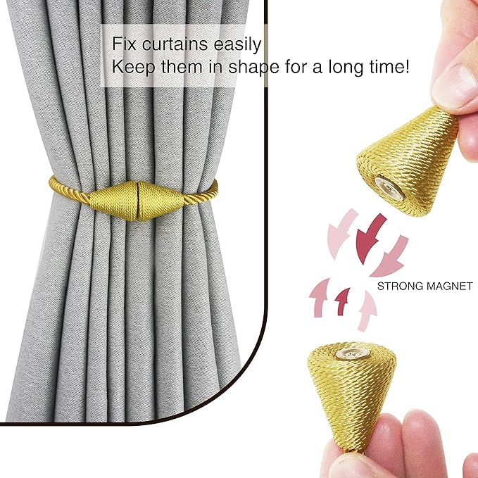 2 Pack Magnetic Curtain Tiebacks Rope Modern Handmade Curtain Tie Backs Decorative Drapes Weave Holdbacks for Window Décor, Gold
