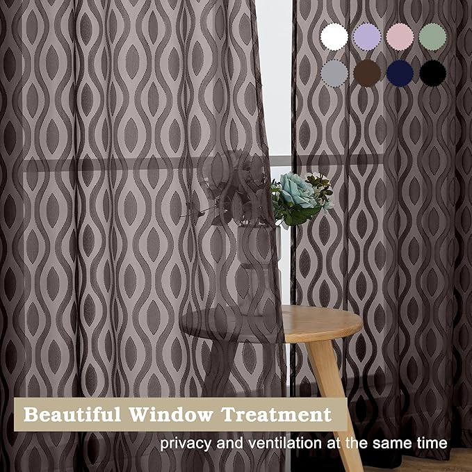 Aiyufeng Sheer Brown Curtains 54 Inch Length 2 Panels - Soft Lightweight Clip Jacquard Textured Farmhouse for Bedroom, Modern Wavy Line Voile for Living Room, 40Wx54L Inches