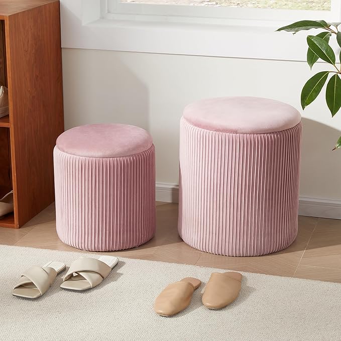Round Ottoman with Storage Set of 2,Vanity Stool with Storage for Bedroom, Ottoman Coffee Table,Small Velvet Foot Stool for Living Room, Pink