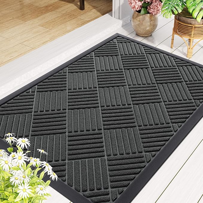 Smiry Front Door Mat Outside Entrance, Heavy Duty Outdoor Indoor Natural Rubber Doormat, Non Slip, Trap Dirt and Moisture, Easy Clean, Low Profile Patio Porch Entryway Mat, 35x23, Black