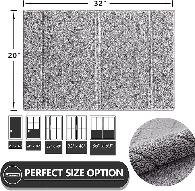 REFETONE Indoor Doormat, Front Back Door Mat 20"x32" Rubber Backing Non Slip Mats, Absorbent Resist Dirt Entrance Rugs for Entryway, Washable Low-Profile Inside Floor Mat for Muddy Wet Shoes, Grey