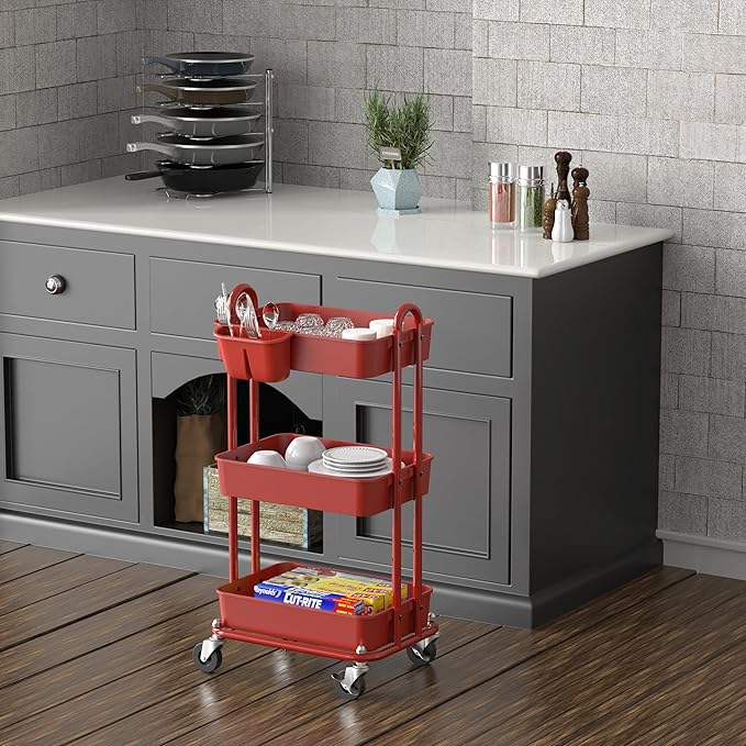 Simple Houseware 3-Tier Multifunctional Rolling Utility Cart with Hanging Bucket, Red