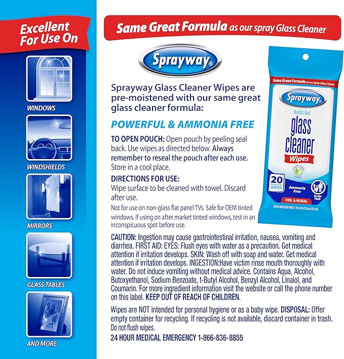 Sprayway Glass Cleaner Wipes, 20ct, Pack of 12, On-the-Go Resealable Package, Pre-Moistened, Original Ammonia-Free Formula, Removes Fingerprints, Dust, Dirt, All Glass Surfaces, 2 trays per cartons