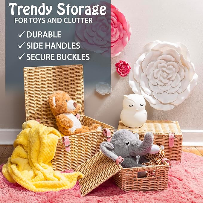 Wicker Storage Baskets with Lids – Set of 3 (Large, Medium, Small) for Organizing Clothes, Toys, Books – Stackable Basket with Lid for Bedroom, Nursery, and Home Decor