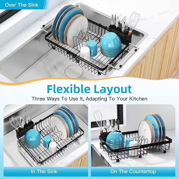 romision Expandable Dish Drying Rack Over The Sink Small Metal Stainless Steel Plate Holder for Compact Kitchen, Space Saving Modern Black Hanging Drainer