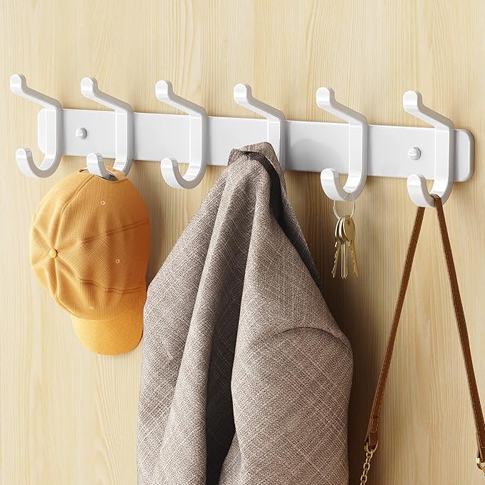 Coat Rack Wall Mounted Heavy-Duty: Metal Coat Hanger 6 Hooks for Hanging Hat, Clothes, Robe, Keys, Backpack, Bathroom Towels, Jacket, Purse - Closet, Door, Entryway, Mudroom (White, 1 Pack)