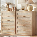 LEYAOYAO Rattan Dresser for Bedroom Set 2, 41" Tall Chest of Drawers, Modern 5 Drawers Boho Dressers with Storage, Light Oak Dresser Wooden Closet Organizer for Living Room, Hallway, Natural Wood